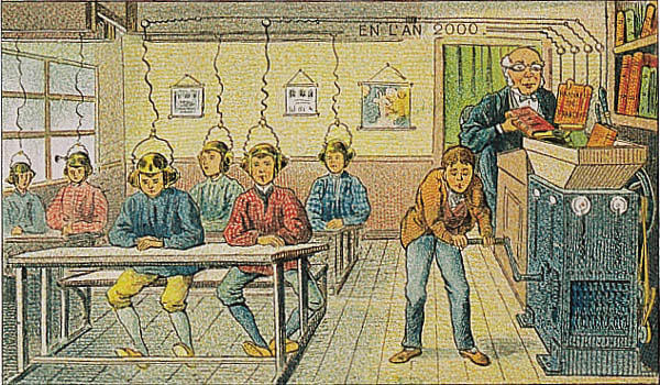 Students sit as a machine pipes information into helmets on their heads in a French painting from 1910
