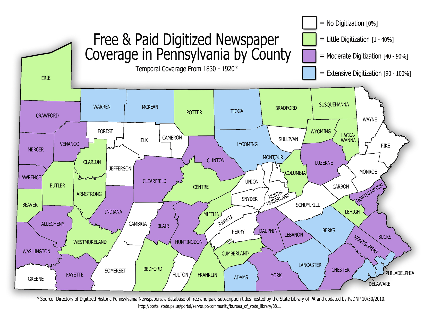 Map of historical newspaper digitization for Pennsylvania as of 2010, prepared for the Pennsylvania Digital Newspaper Program.