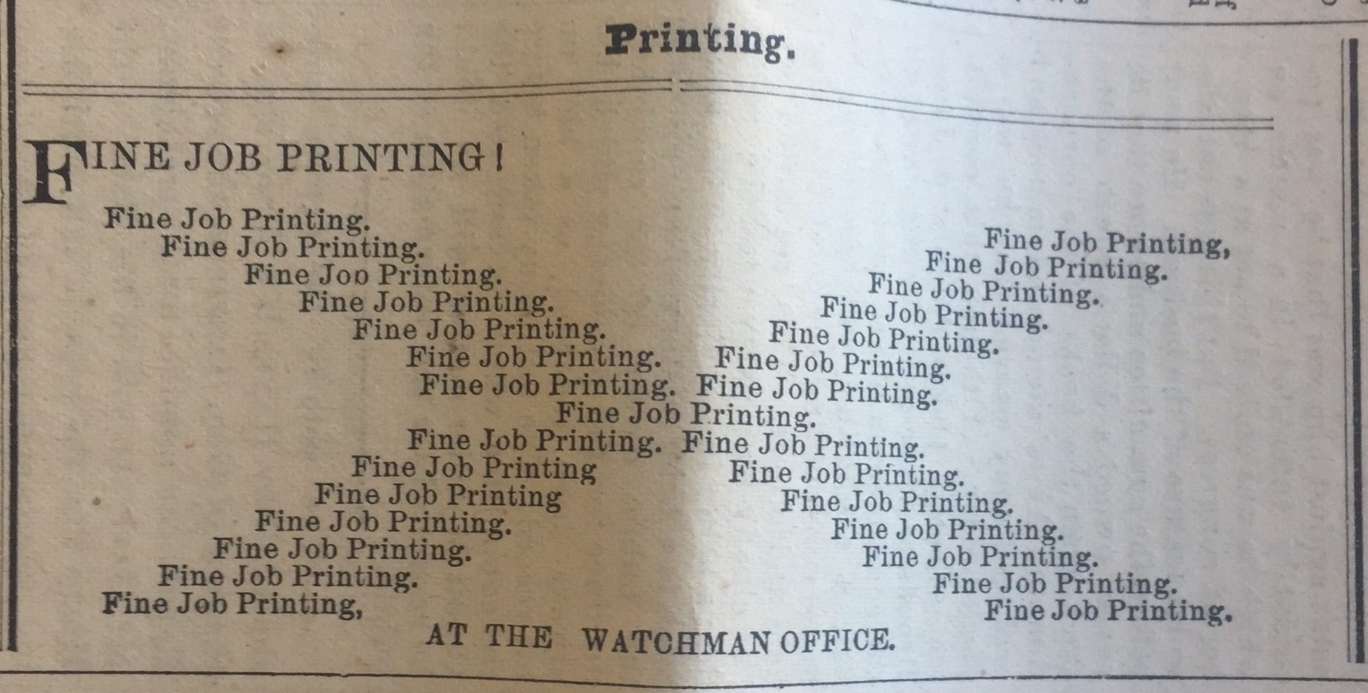 A typographically complex advertisement from the Democratic Watchman of Bellefonte, PA (11 June 1880).