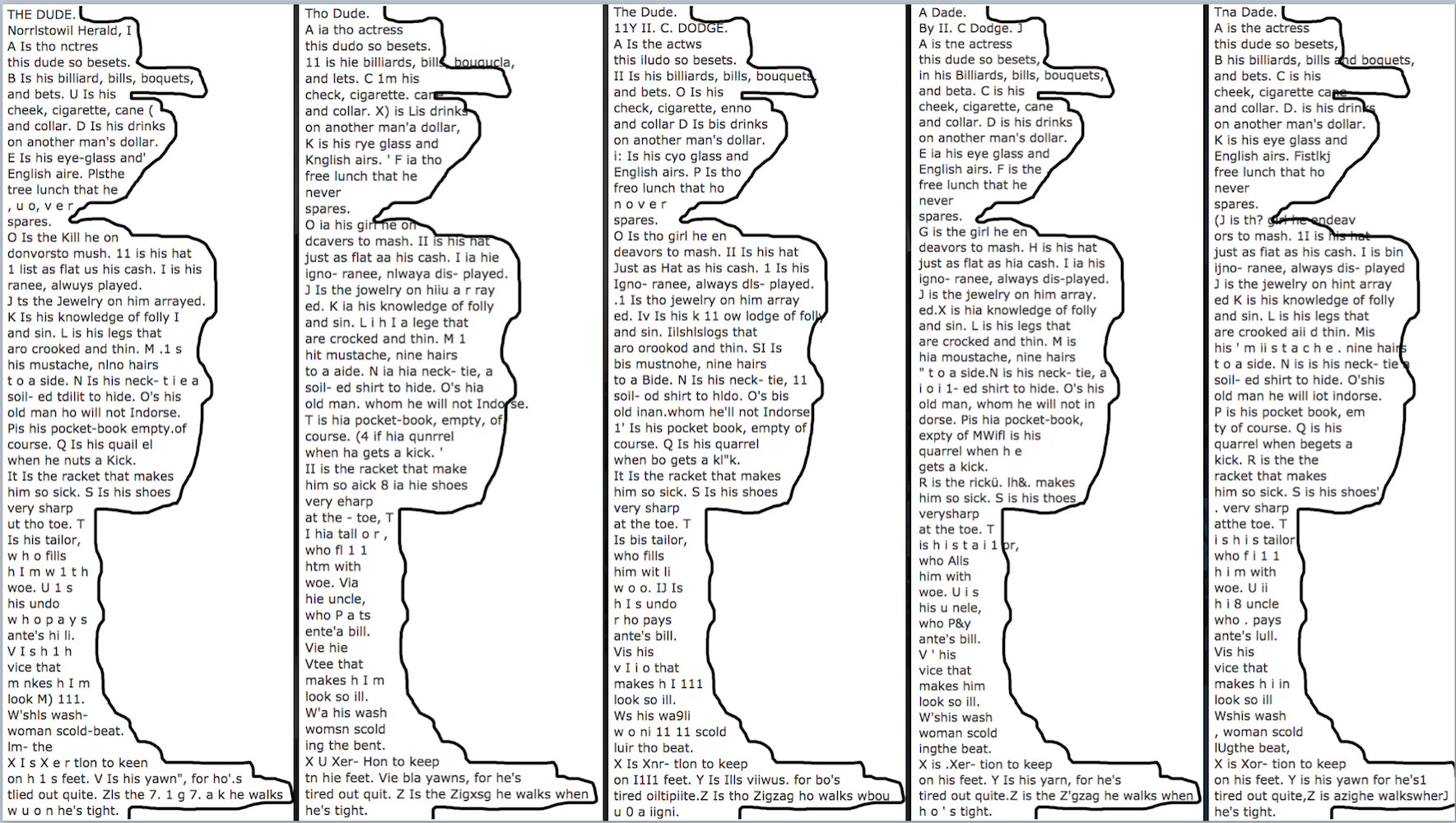 A tracing of the outline of the OCR for several editions of the Dude.