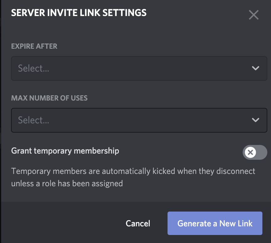 Image showing the settings for invitation links