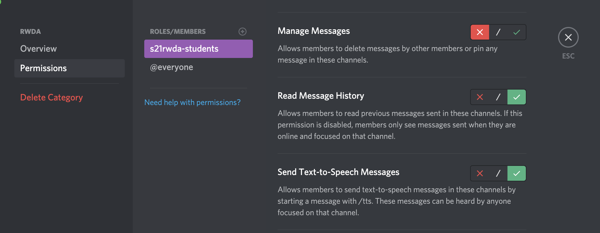 Image showing the read message history permission setting